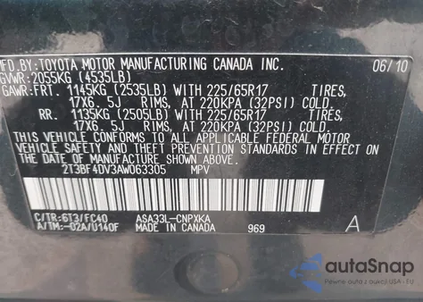 2010 Toyota Rav4 from USA, damaged, VIN 2T3BF4DV3AW063305